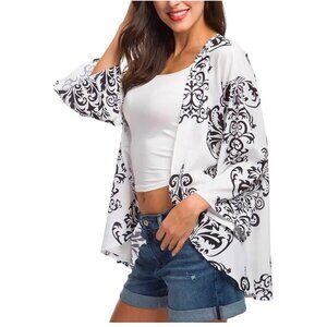 🌸3/$15🌸Boho Open Front Chiffon Black and White Cardigan sz L